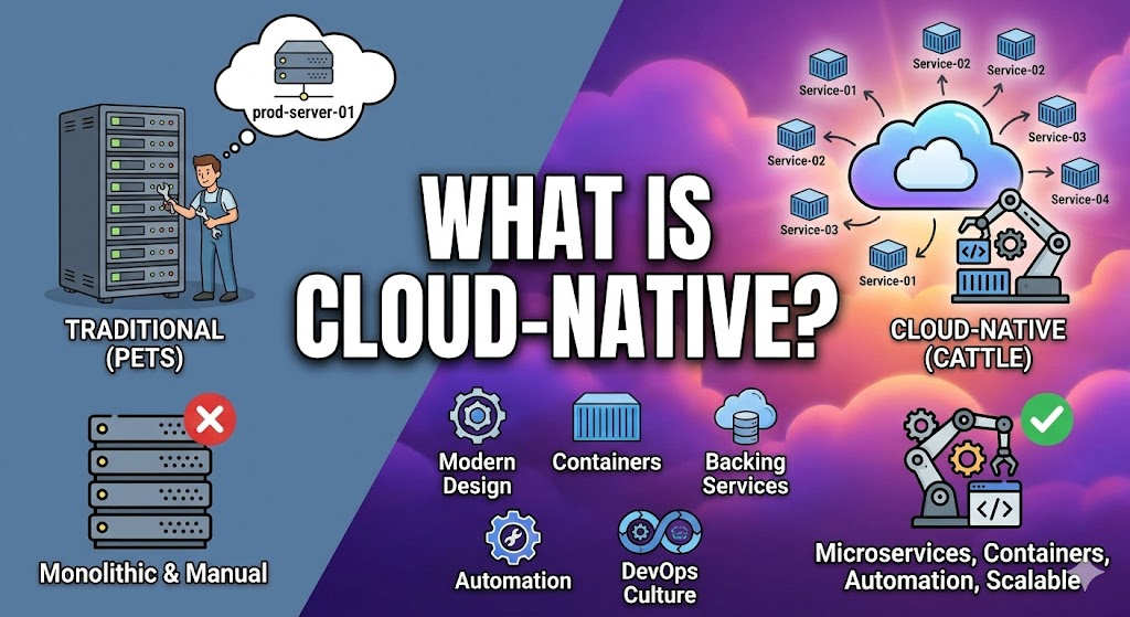 Side-by-side comparison illustrating traditional versus cloud-native infrastructure approaches: Left side labeled TRADITIONAL (PETS) shows a person standing next to a server rack thinking about prod-server-01 with text below stating Monolithic & Manual and a red X mark; Right side labeled CLOUD-NATIVE (CATTLE) displays a cloud icon connected to multiple service instances (Service-01 through Service-04) with a CI/CD pipeline, accompanied by icons representing Modern Design, Containers, Backing Services, Automation, and DevOps Culture, with text below stating Microservices, Containers, Automation, Scalable and a green checkmark
