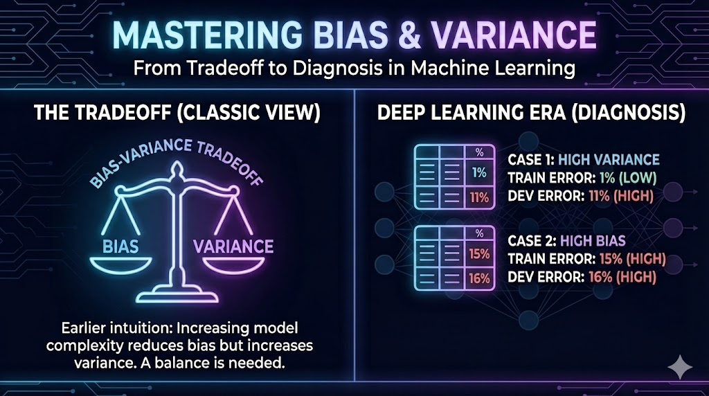 Conceptual diagram divided into two sections illustrating the evolution from classic bias-variance tradeoff to modern deep learning diagnostics. Left section titled THE TRADEOFF (CLASSIC VIEW) shows a balance scale with BIAS on left pan and VARIANCE on right pan, representing the traditional understanding that increasing model complexity reduces bias but increases variance, with text explaining this balance is needed. Right section titled DEEP LEARNING ERA (DIAGNOSIS) displays two data cards showing error metrics: Case 1 labeled HIGH VARIANCE shows train error at 1% (low) and dev error at 11% (high) with percentages color-coded; Case 2 labeled HIGH BIAS shows train error at 15% (high) and dev error at 16% (high). Background features a dark tech-themed design with circuit board patterns. The overall tone is educational and technical, emphasizing the shift from viewing bias-variance as a tradeoff to treating them as separate diagnostic metrics in modern machine learning.
