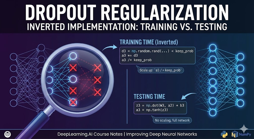Neural network architecture comparison showing a fully connected network on the left with 4 input features (x1, x2, x3, x4) connected through multiple hidden layers to output y-hat, versus the same network on the right with dropout applied where several neurons marked with red X symbols have been randomly eliminated along with their connections, demonstrating how dropout creates a thinned network structure during training. The image includes code snippets showing the inverted dropout implementation with d3 = np.random.rand(...) < keep_prob, a3 *= d3, and a3 /= keep_prob for training time, and z3 = np.dot(W3, a2) + b3, a3 = np.tanh(z3) with no scaling for testing time. A magnifying glass highlights the dropped neurons in purple and blue tones against a dark background, with the title Dropout Regularization Inverted Implementation: Training vs. Testing at the top.
