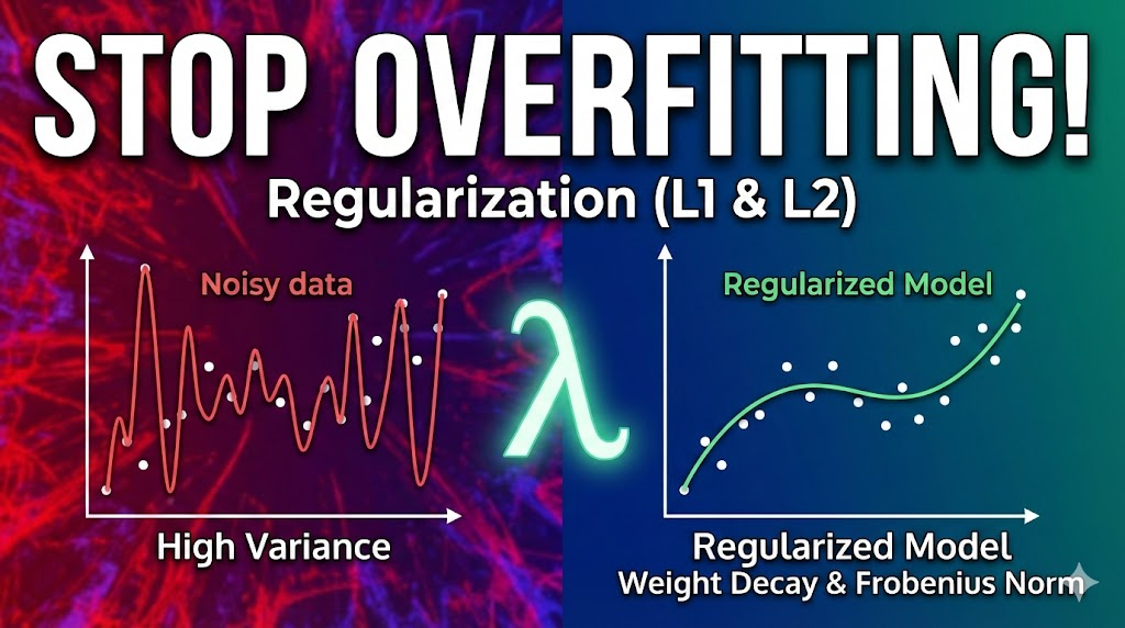 Diagram contrasting overfitting and regularization with two graphs on red and blue gradient background. Left side labeled Noisy data shows erratic orange line with high variance fitting scattered white data points. Center displays glowing green lambda symbol representing the regularization parameter. Right side labeled Regularized Model shows smooth dark curve fitting white data points without overfitting. Title reads STOP OVERFITTING! Regularization (L1 & L2). Bottom text indicates Weight Decay & Frobenius Norm techniques.