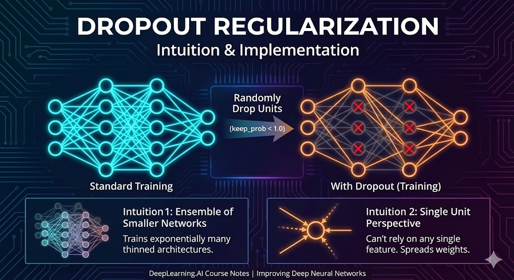 Neural network diagrams showing standard training with all units connected versus dropout training with randomly eliminated units marked with red X symbols. Top section demonstrates randomly dropping units with keep_prob less than 1.0. Bottom left shows Intuition 1: an ensemble of smaller networks created by thinned architectures in cyan and purple. Bottom right shows Intuition 2: a single neuron with dashed lines representing unreliable connections, illustrating that the unit cannot rely on any single feature and must spread weights across inputs. Banner reads: Dropout Regularization - Intuition and Implementation, DeepLearning.AI Course Notes, Improving Deep Neural Networks