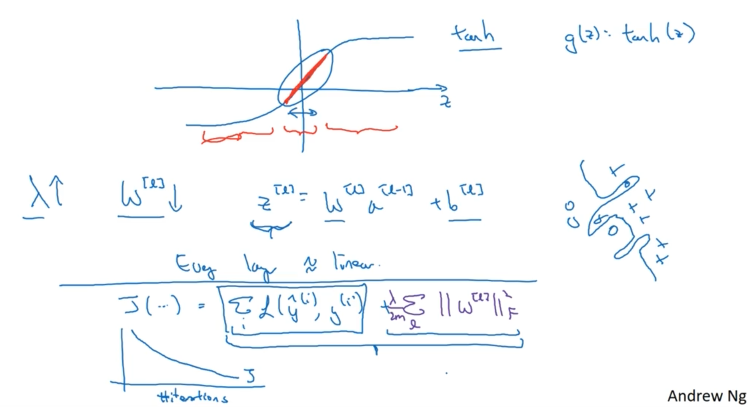 Graph showing tanh activation function with blue S-shaped curve crossing through origin. Horizontal axis labeled z, vertical axis unlabeled. Red oval highlights the central linear region near zero where the curve is approximately straight. Mathematical notation shows g of z equals tanh of z in top right. Handwritten notes below show symbols for lambda pointing up, W pointing down, and equations z squared equals W over a times a plus b squared in brackets. Additional note states Ew log z linear. Expression J of dot equals complex regularization formula with Frobenius norm of W. Small sketch of coordinate axes and curved surface in bottom right. Graph of J decreasing curve versus iterations shown in bottom left. Attribution reads Andrew Ng in bottom right corner.