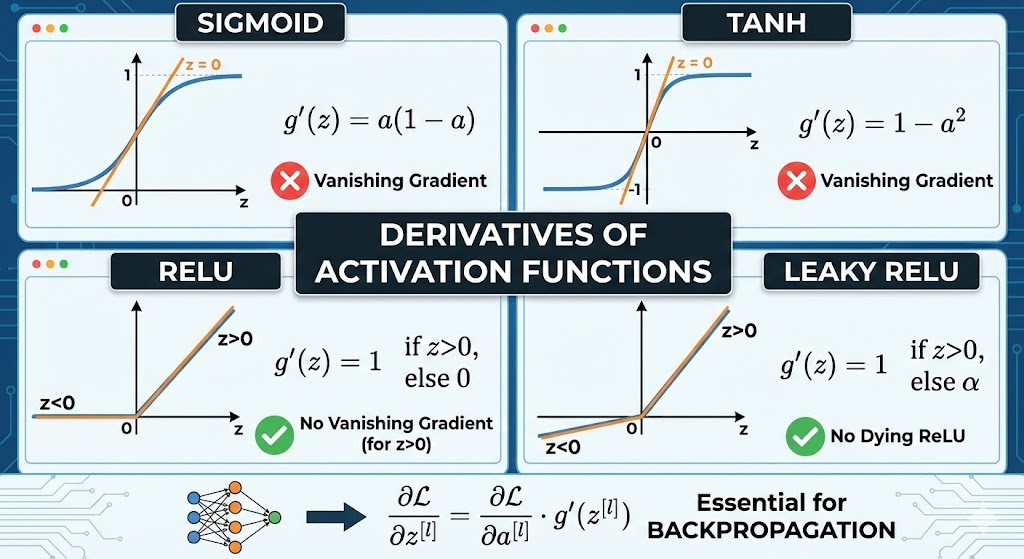 Derivatives of Activation Functions infographic showing four window panels comparing Sigmoid, Tanh, ReLU, and Leaky ReLU functions. Each panel displays a graph with the function curve in blue and derivative formula. Sigmoid panel shows S-curve from 0 to 1 with derivative g'(z) = a(1-a) and red X marking Vanishing Gradient problem. Tanh panel shows S-curve from -1 to 1 with derivative g'(z) = 1-a² and red X for Vanishing Gradient. ReLU panel shows piecewise linear function with flat line for z<0 and diagonal line for z>0, derivative g'(z) = 1 if z>0 else 0, with green checkmark for No Vanishing Gradient (for z>0). Leaky ReLU panel shows similar piecewise linear with slight negative slope for z<0, derivative g'(z) = 1 if z>0 else alpha, with green checkmark for No Dying ReLU. Bottom of infographic shows neural network diagram with arrow pointing to backpropagation formula: partial derivative of L with respect to z[l] equals partial derivative of L with respect to a[l] times g'(z[l]), labeled as Essential for BACKPROPAGATION in bold text.
