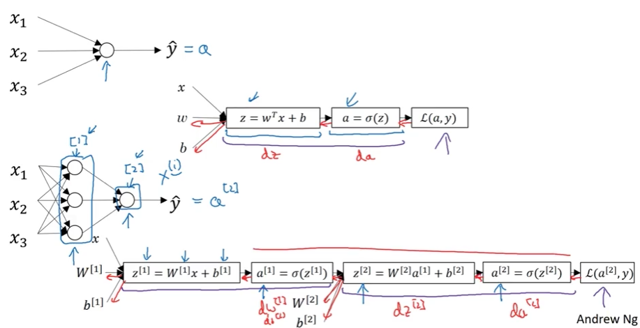 Neural network architecture diagram showing three representations: top shows a simple single-layer network with three inputs x1, x2, x3 connecting to output ŷ equals a; middle shows a two-layer network with three input nodes x1, x2, x3 connecting to hidden layer nodes marked with superscript [1], which connect to output ŷ equals a superscript [1]; bottom shows detailed computational flow with layers labeled, displaying forward propagation equations z[1] = W[1]x + b[1], a[1] = σ(z[1]), z[2] = W[2]a[1] + b[2], a[2] = σ(z[2]), and backward propagation with red arrows indicating derivatives dz, da flowing from loss function L(a,y) back through the network. Annotations in blue indicate parameters W[1], b[1], W[2], b[2] at each layer. Credit line shows Andrew Ng name at bottom right. The diagram illustrates progressive complexity from single neuron to multi-layer network architecture.