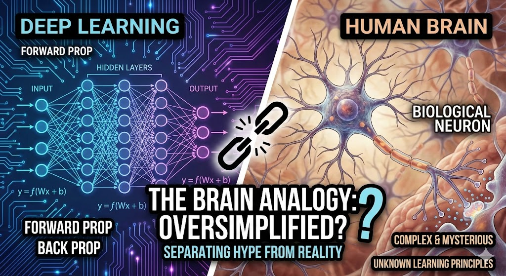 Split-screen comparison showing deep learning neural network diagram on left with blue-purple circuit board background, displaying input layer, hidden layers, and output layer with forward prop and back prop labels and equations y=f(Wx+b), connected by a broken chain icon to biological neuron illustration on right with beige organic background, showing human brain tissue with a single neuron cell body, dendrites, and axon terminals, titled THE BRAIN ANALOGY: OVERSIMPLIFIED? SEPARATING HYPE FROM REALITY, with subtitle indicating the mysterious and unknown learning principles of biological neurons versus the mathematical structure of artificial neural networks