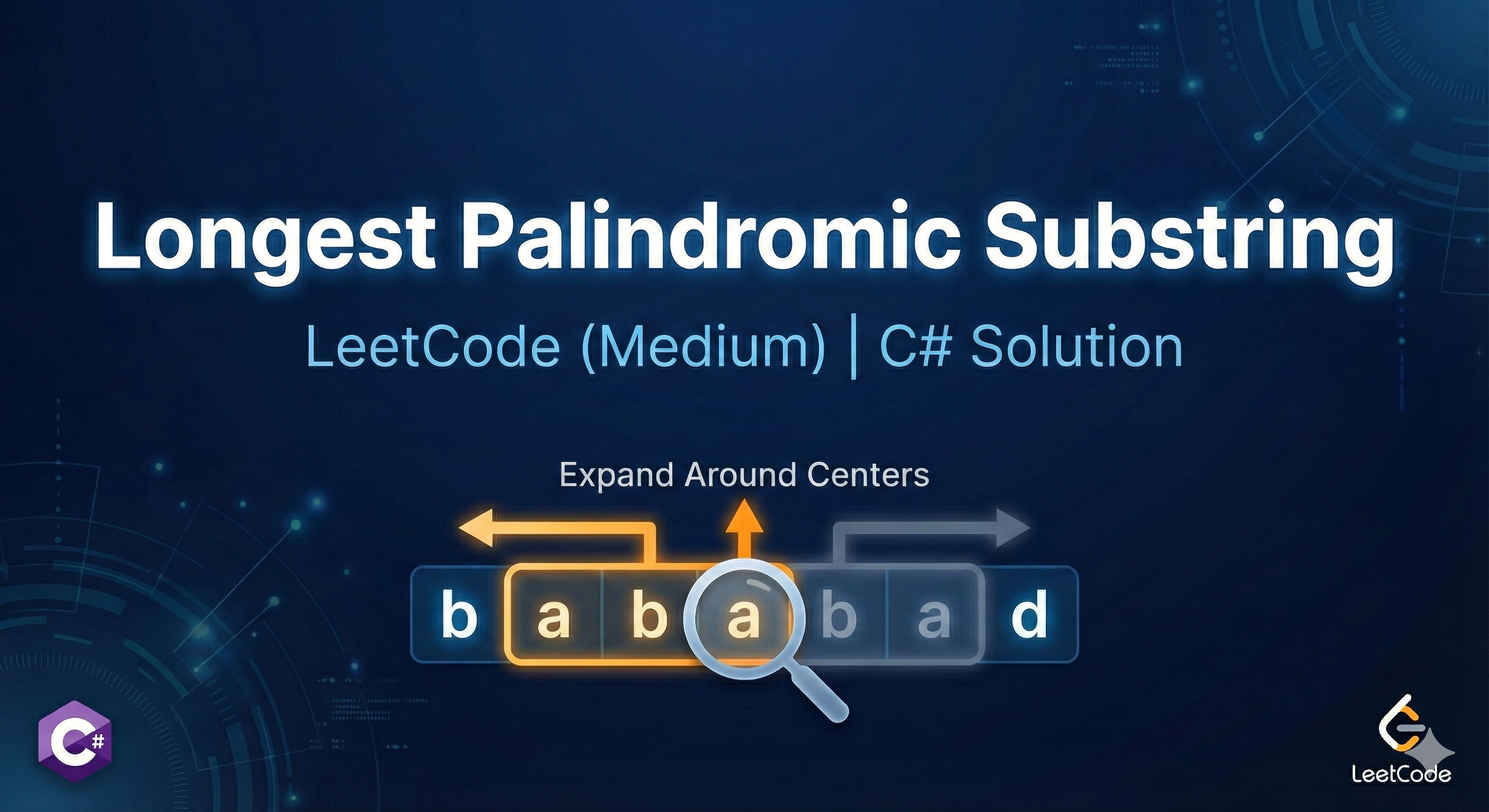 LeetCode problem 5 visualization showing the Expand Around Centers approach with the string b-a-b-a-b-a-d where the center character 'a' is highlighted with a magnifying glass and arrows pointing left and right indicating expansion, with orange highlighting on the left side (a-b) and gray on the right side (b-a-d), demonstrating how palindromes are detected by expanding outward from center positions, set against a dark blue tech-themed background with the C# and LeetCode logos